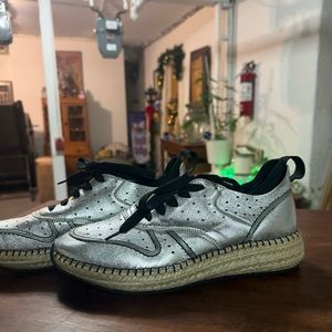 Tod's Metallic Silver Perforated Leather Espadrille Low Top Sneakers